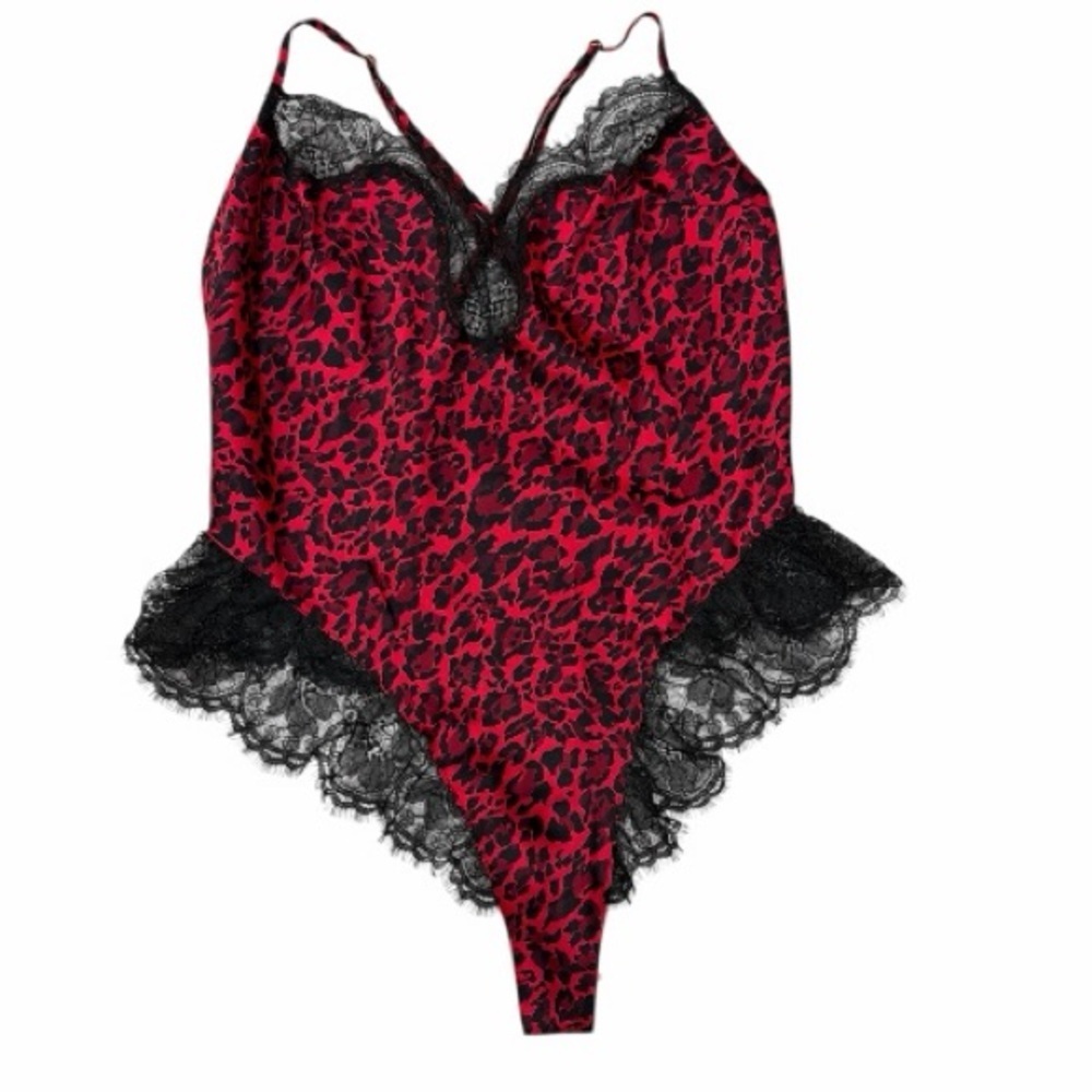 NWT Victoria's Secret Red and Black Leopard Lace Chemise Romper Teddy Size L - Picture 2 of 5
